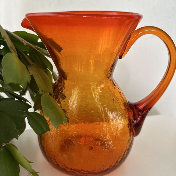 Vintage BLENKO Crackle Hand Blown Art Glass Tangerine/ Amberina Pitcher w Handle - Picture 3 of 9